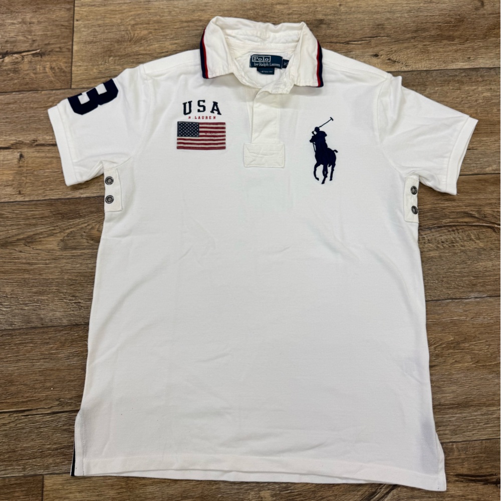 Polo by Ralph Lauren White Men's Polo Shirt with USA Flag